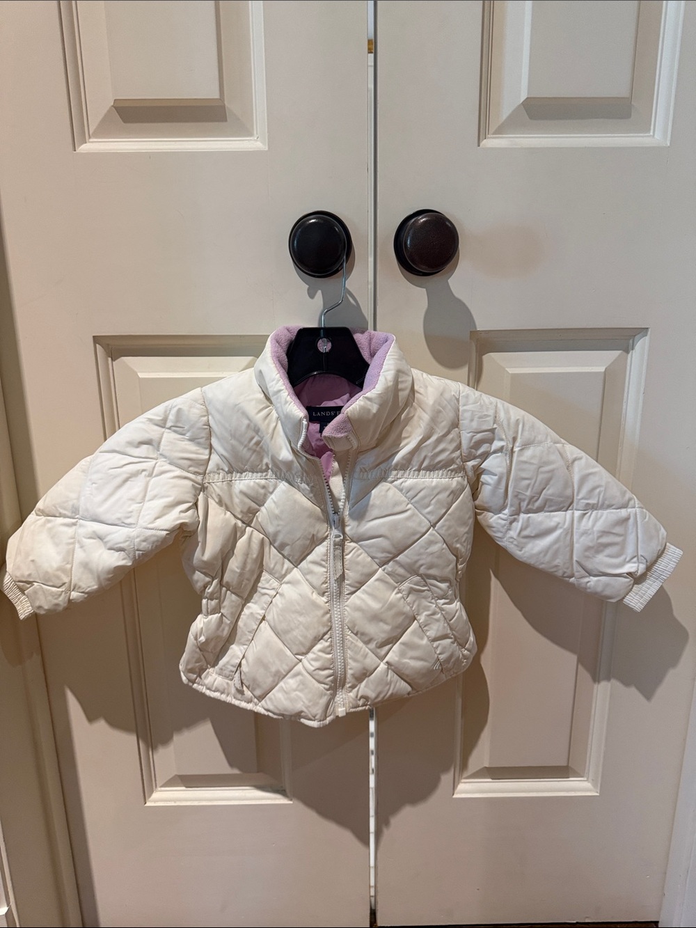 Lands' End White Quilted Puffer Jacket with Pink Lining
